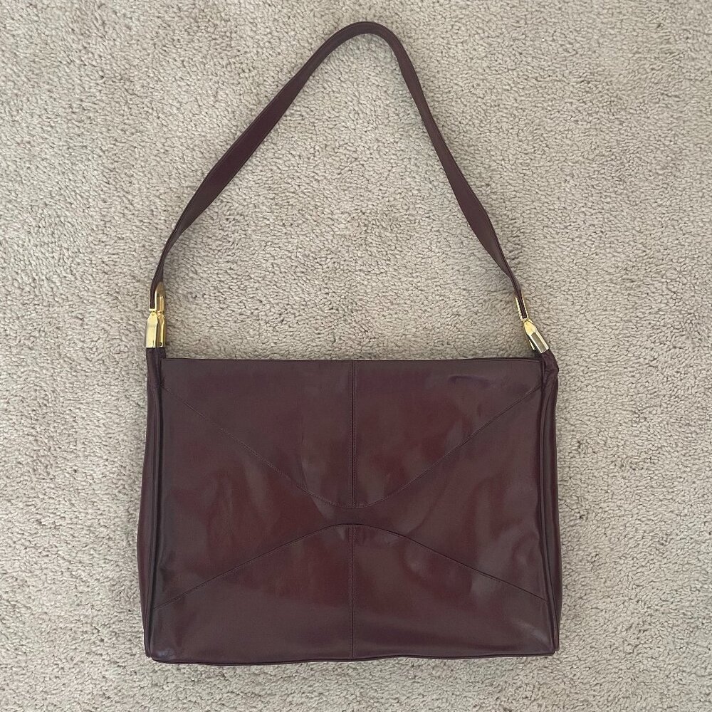 Vintage Lou Taylor Burgundy Leather Handbag – Made in Italy, Gold Pop Up Mirror